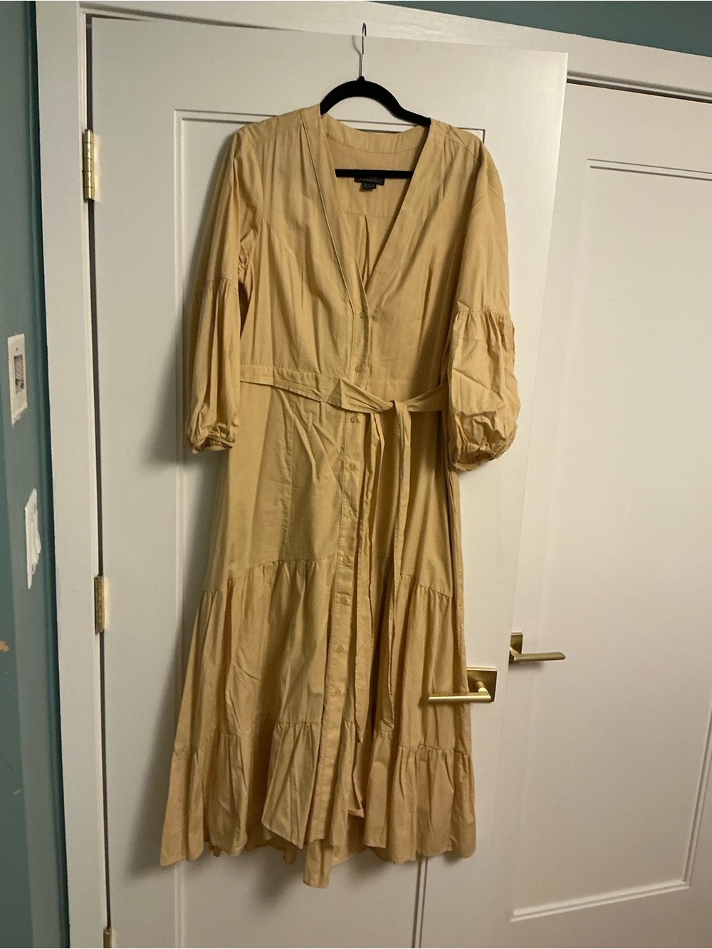 Anthropologie Cream Button-Front Tiered Maxi Dress with Tie Waist